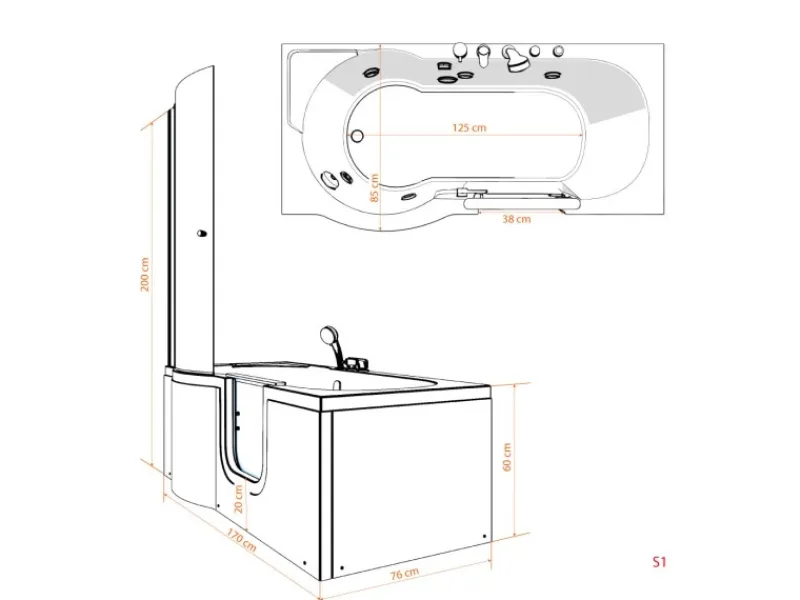Discount AcquaVapore Seniorendusche und Wanne mit Whirlpool S12D-TH-AIR-R Dusche 85x170