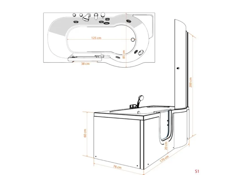 Sale AcquaVapore Seniorendusche und Wanne mit Whirlpool S12D-EH-WP-L Dusche 170x85