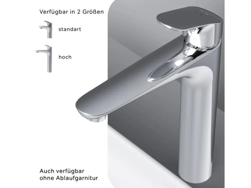 Einhebelmischer<AM.PM Waschtischarmatur Hoch mit Klick-Ablauf Like Wasserhahn Bad, Waschbecken Armatur, Mischbatterie FLA92200 Chrom