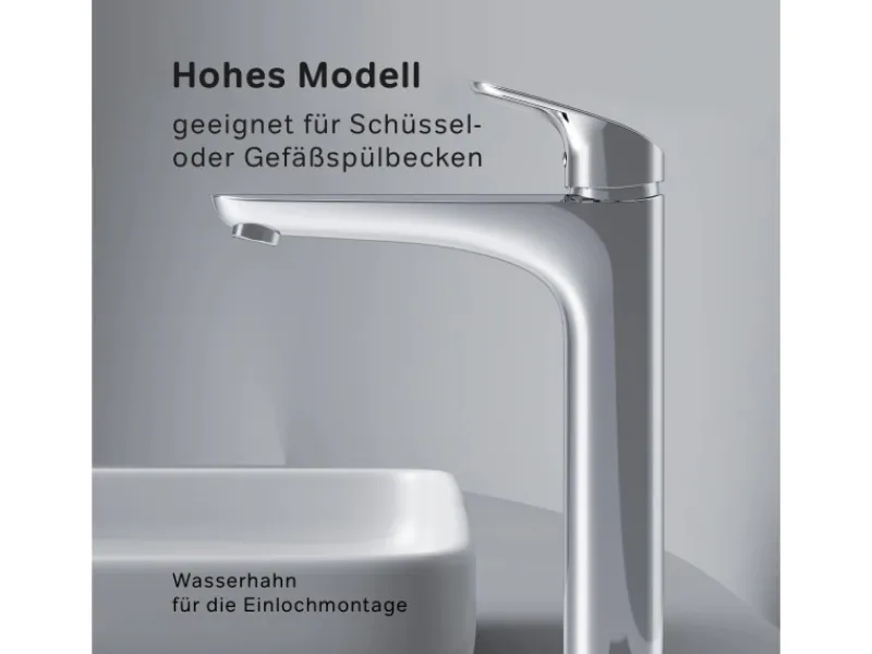 AM.PM Waschtischarmatur mit hohem Auslauf Like Wasserhahn Bad aus Messing, Mischbatterie FLA92000 Chrom< Einhebelmischer