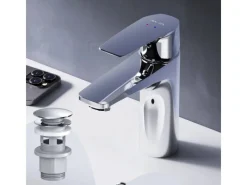 Einhebelmischer<AM.PM Waschtischarmatur mit Klick-Ablaufgarnitur Gem Wasserhahn Bad, Mischbatterie FGA82100 Chrom
