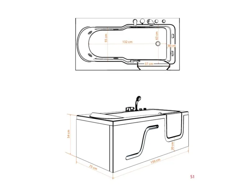 AcquaVapore Einhebelmischer<AquaVapore Whirlpool Seniorenwanne mit Tür S17-EH-WP-L 150x75cm