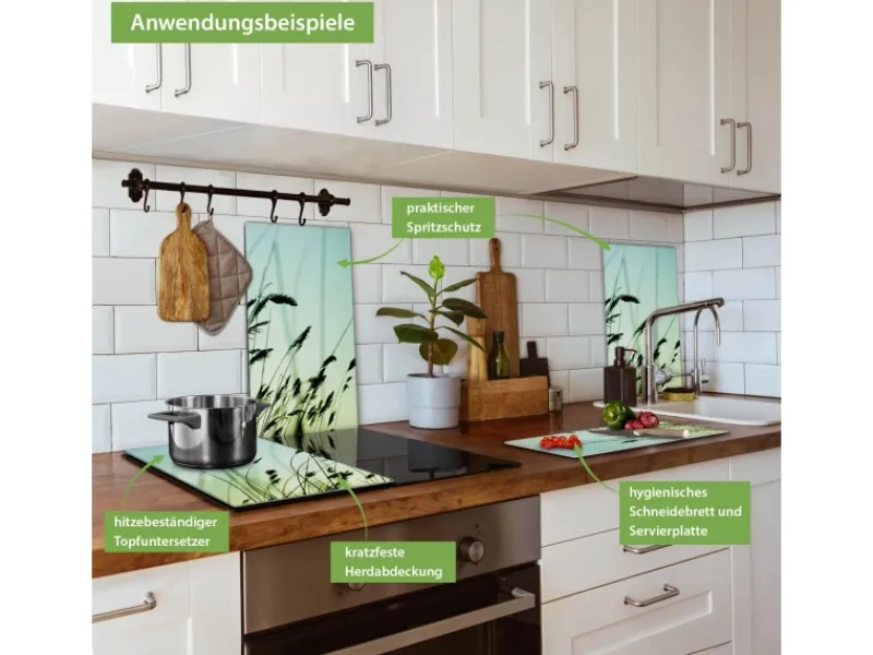 Banjado Herdabdeckplatte Glas 2 Teilig Je 30x52CM Schneidebrett Herdabdeckung Mit Motiv Gräser< Schneidebretter|Herdabdeckungen