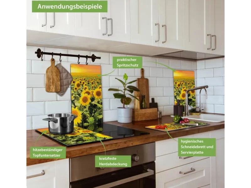 Banjado Herdabdeckplatte Glas 2 Teilig Je 30x52CM Schneidebrett Herdabdeckung Mit Motiv Sonnenblumenmeer< Herdabdeckungen|Herde