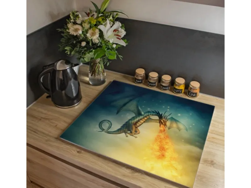 Banjado Schneidebretter|Herde<Herdabdeckplatte Glas 1 Teilig 60x52CM Schneidebrett Herdabdeckung Mit Motiv Drachen