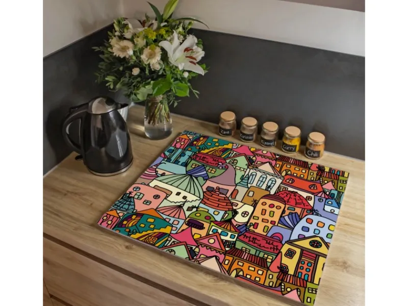 Banjado Herdabdeckungen|Kochfelder<Herdabdeckplatte Glas 1 Teilig 60x52CM Schneidebrett Herdabdeckung Mit Motiv Funky Town