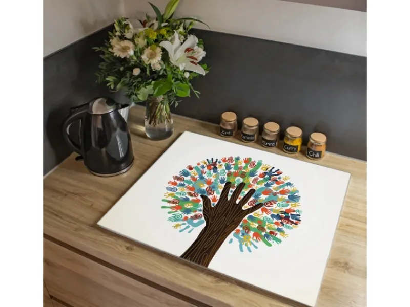 Banjado Herdabdeckplatte Glas 1 Teilig 60x52CM Schneidebrett Herdabdeckung Mit Motiv We Are The World< Herde|Kochfelder