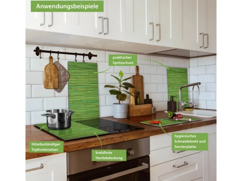 Outlet Banjado Herdabdeckplatte Glas 2 Teilig Je 30x52CM Schneidebrett Herdabdeckung Mit Motiv Bambus Grün