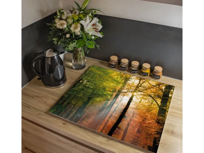 Clearance Banjado Herdabdeckplatte Glas 2 Teilig Je 30x52CM Schneidebrett Herdabdeckung Mit Motiv Herbstwald