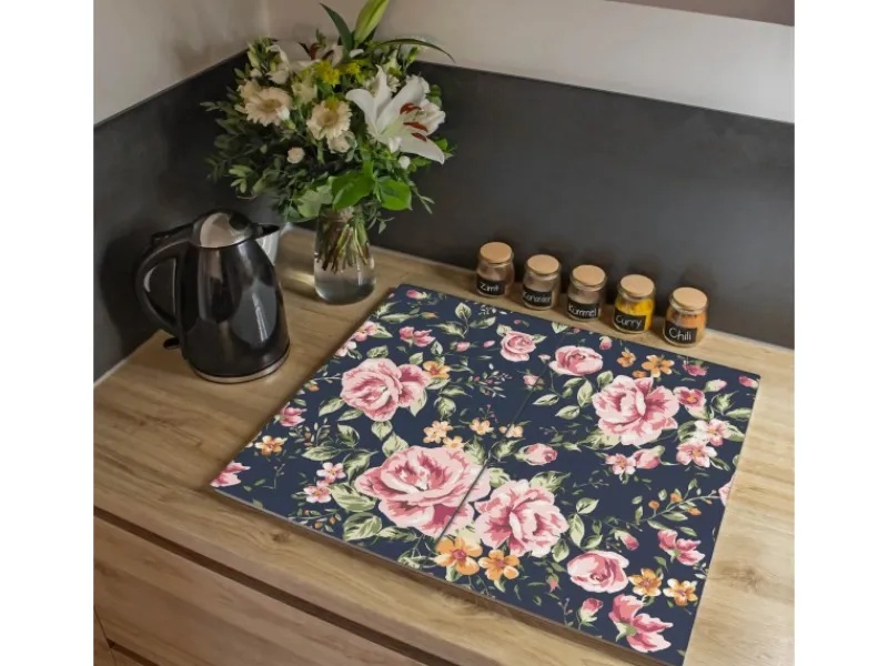 Banjado Herdabdeckplatte Glas 2 Teilig Je 30x52CM Schneidebrett Herdabdeckung Mit Motiv Rosen Auf Anthrazit< Schneidebretter|Herdabdeckungen