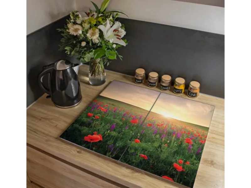 Banjado Herdabdeckplatte Glas 2 Teilig Je 30x52CM Schneidebrett Herdabdeckung Mit Motiv Sommerfeld< Herdabdeckungen|Kochfelder