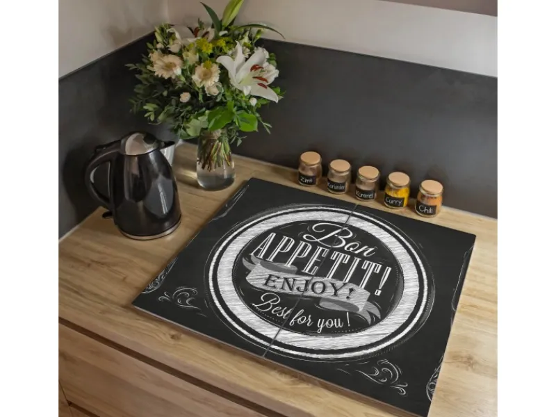 Banjado Schneidebretter|Herdabdeckungen<Herdabdeckplatte Glas 2 Teilig Je 30x52CM Schneidebrett Herdabdeckung Mit Motiv Bon Appetit