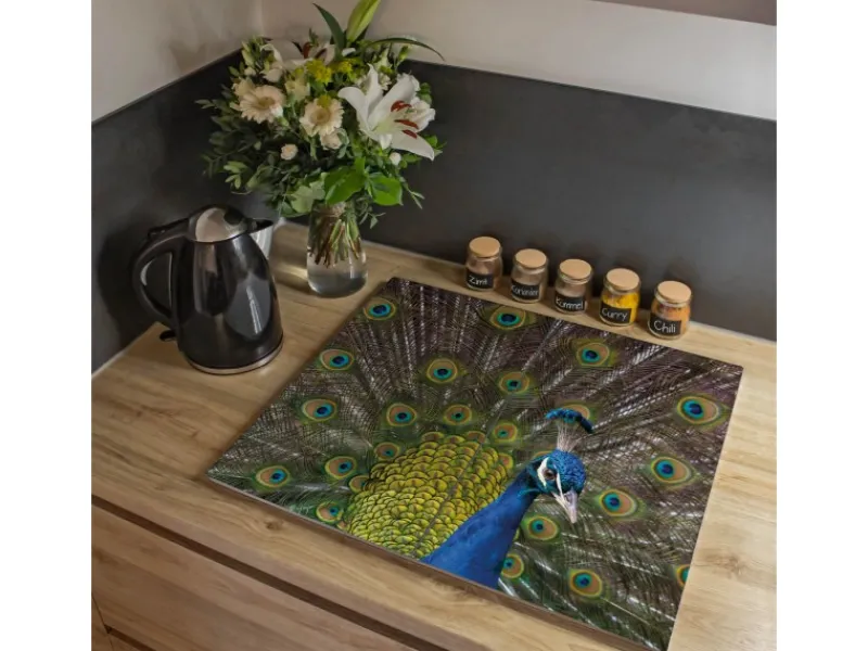 Best Banjado Herdabdeckplatte Glas 2 Teilig Je 30x52CM Schneidebrett Herdabdeckung Mit Motiv Pfau