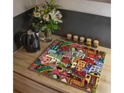 Banjado Kochfelder<Herdabdeckplatte Glas 2 Teilig Je 30x52CM Schneidebrett Herdabdeckung Mit Motiv Funky Town