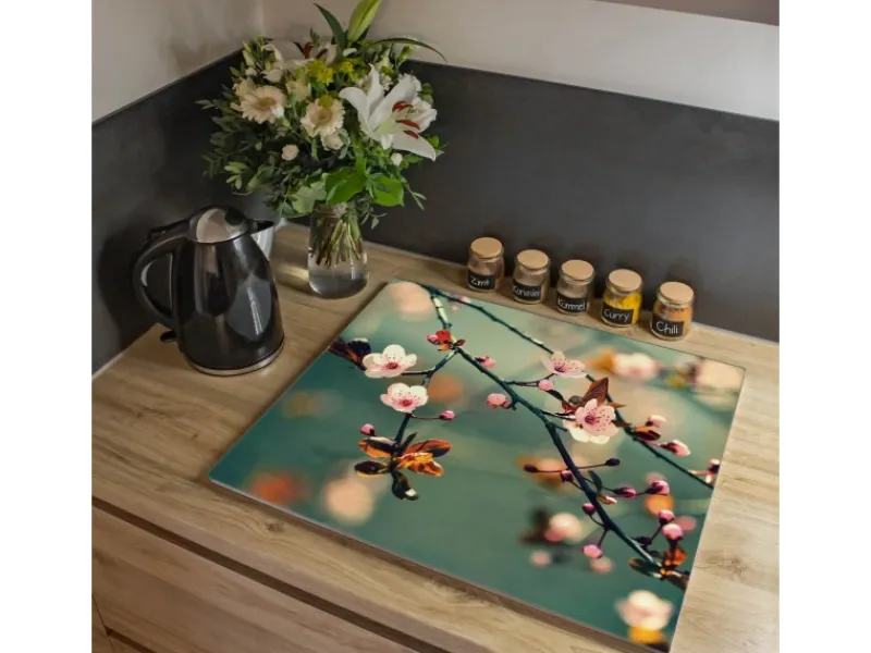 Banjado Schneidebretter|Herdabdeckungen<Herdabdeckplatte Glas 1 Teilig 60x52CM Schneidebrett Herdabdeckung Mit Motiv Japankirsche