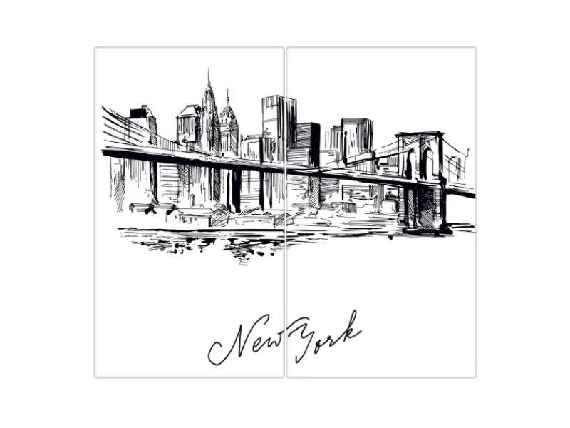 Banjado Schneidebretter|Herdabdeckungen<Herdabdeckplatte Glas 2 Teilig Je 30x52CM Schneidebrett Herdabdeckung Mit Motiv New York Skizze