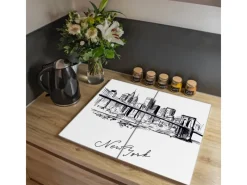 Banjado Schneidebretter|Herdabdeckungen<Herdabdeckplatte Glas 2 Teilig Je 30x52CM Schneidebrett Herdabdeckung Mit Motiv New York Skizze