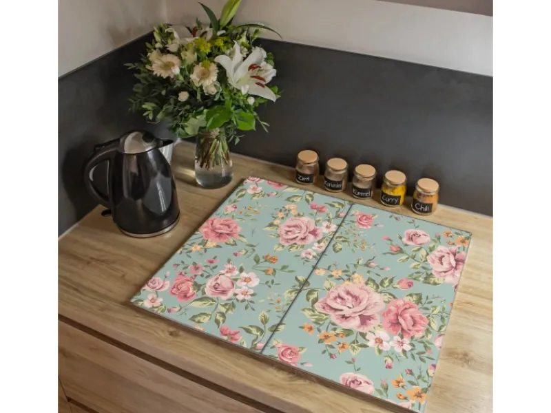 Sale Banjado Herdabdeckplatte Glas 2 Teilig Je 30x52CM Schneidebrett Herdabdeckung Mit Motiv Altrosa Blume