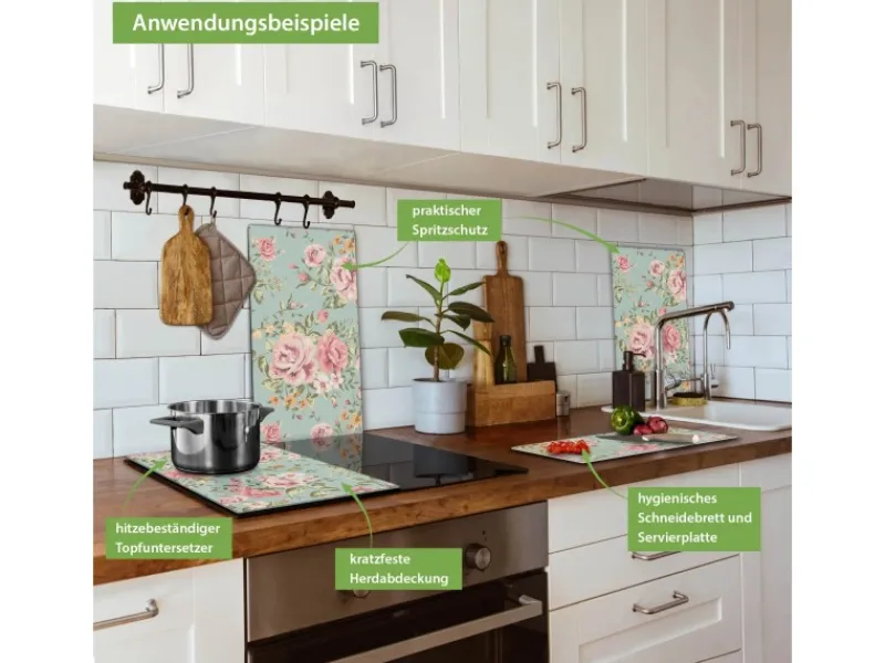 Sale Banjado Herdabdeckplatte Glas 2 Teilig Je 30x52CM Schneidebrett Herdabdeckung Mit Motiv Altrosa Blume
