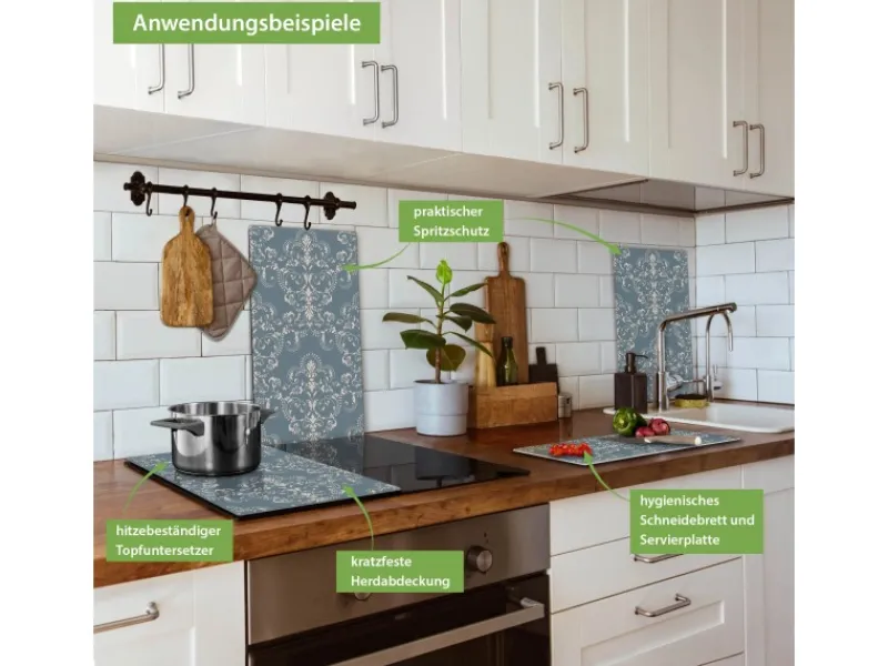 Banjado Schneidebretter|Herdabdeckungen<Herdabdeckplatte Glas 2 Teilig Je 30x52CM Schneidebrett Herdabdeckung Mit Motiv Royal Creme Blau