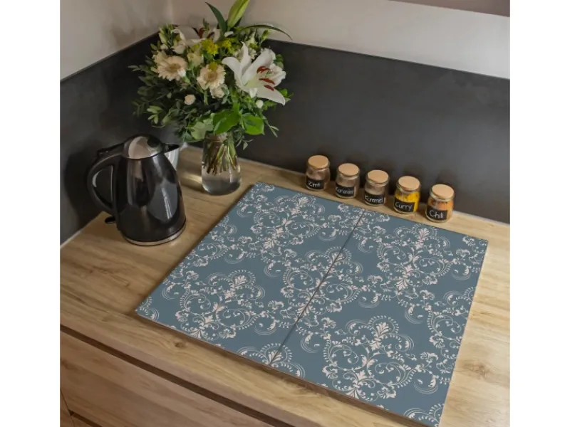 Banjado Schneidebretter|Herdabdeckungen<Herdabdeckplatte Glas 2 Teilig Je 30x52CM Schneidebrett Herdabdeckung Mit Motiv Royal Creme Blau