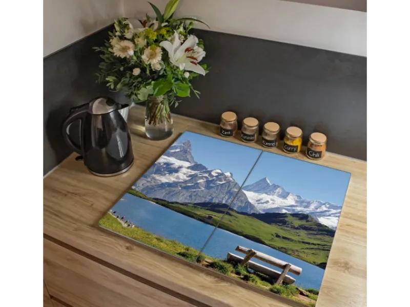 Clearance Banjado Herdabdeckplatte Glas 2 Teilig Je 30x52CM Schneidebrett Herdabdeckung Mit Motiv Alpen