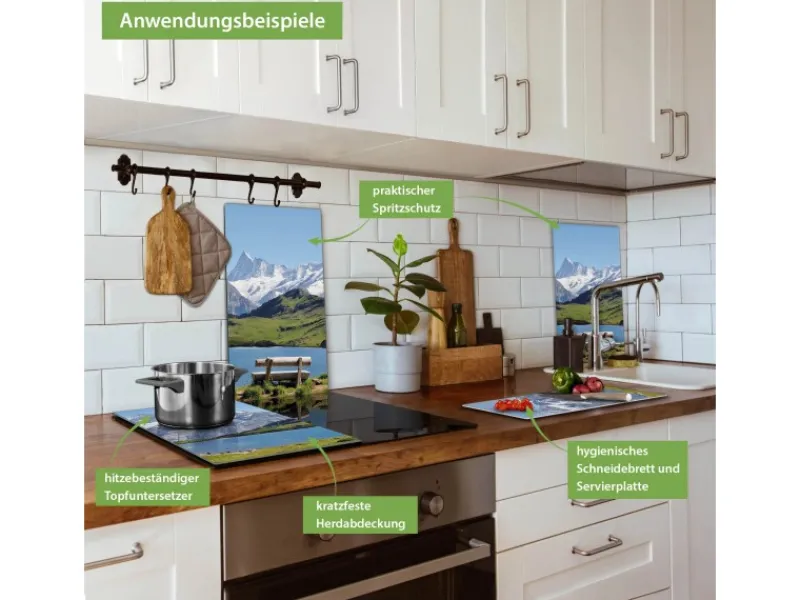 Clearance Banjado Herdabdeckplatte Glas 2 Teilig Je 30x52CM Schneidebrett Herdabdeckung Mit Motiv Alpen