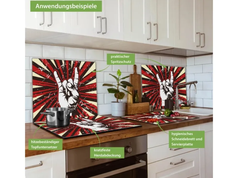 Clearance Banjado Herdabdeckplatte Glas 1 Teilig 60x52CM Schneidebrett Herdabdeckung Mit Motiv Rock On