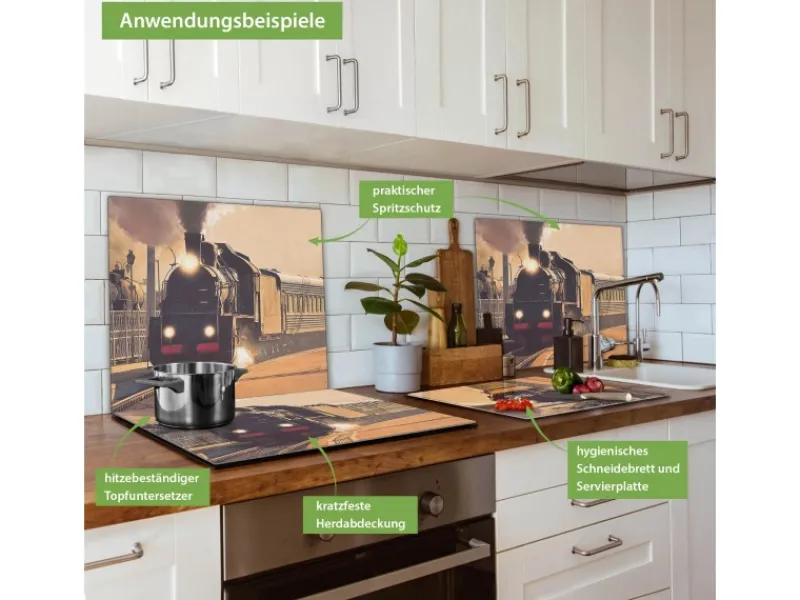 Outlet Banjado Herdabdeckplatte Glas 1 Teilig 60x52CM Schneidebrett Herdabdeckung Mit Motiv Einfahrender Zug