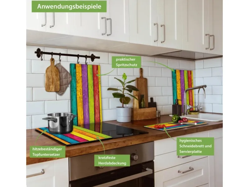 Banjado Herdabdeckplatte Glas 2 Teilig Je 30x52CM Schneidebrett Herdabdeckung Mit Motiv Bunte Holzlatten< Herdabdeckungen|Schneidebretter