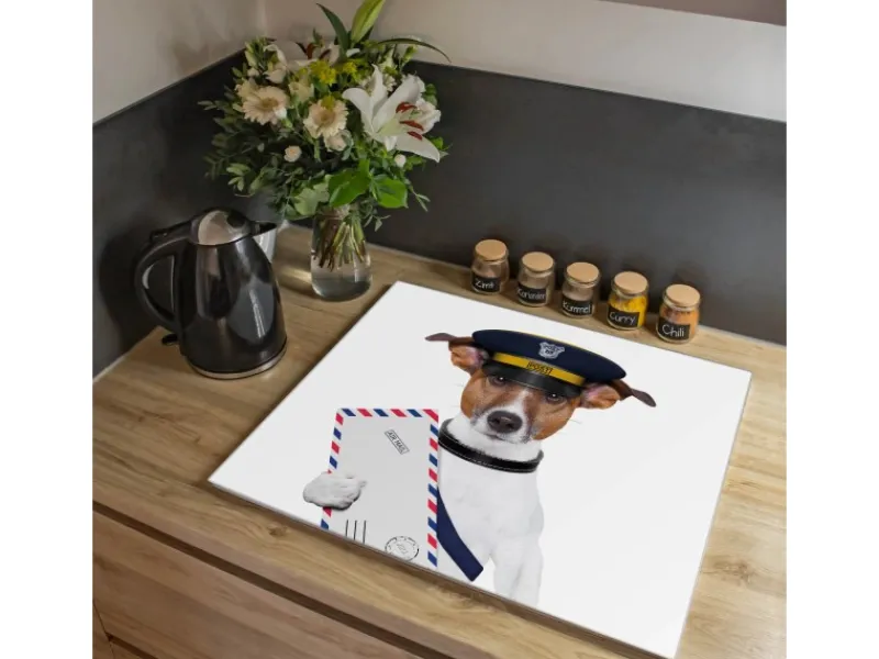 Banjado Schneidebretter|Herdabdeckungen<Herdabdeckplatte Glas 1 Teilig 60x52CM Schneidebrett Herdabdeckung Mit Motiv Postbote Jack Russel