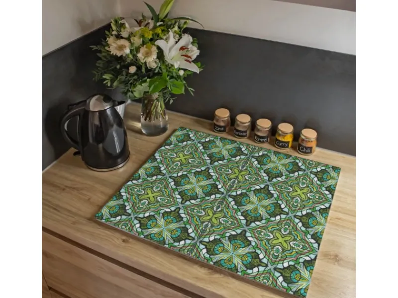 Banjado Herdabdeckplatte Glas 2 Teilig Je 30x52CM Schneidebrett Herdabdeckung Mit Motiv Grünes Muster
