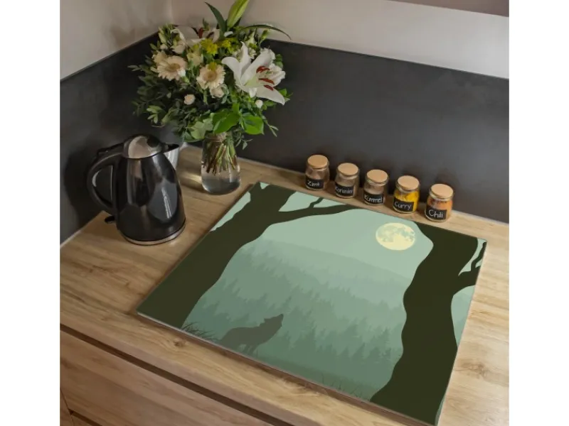 Banjado Herdabdeckplatte Glas 1 Teilig 60x52CM Schneidebrett Herdabdeckung Mit Motiv Heulender Wolf< Schneidebretter|Herdabdeckungen