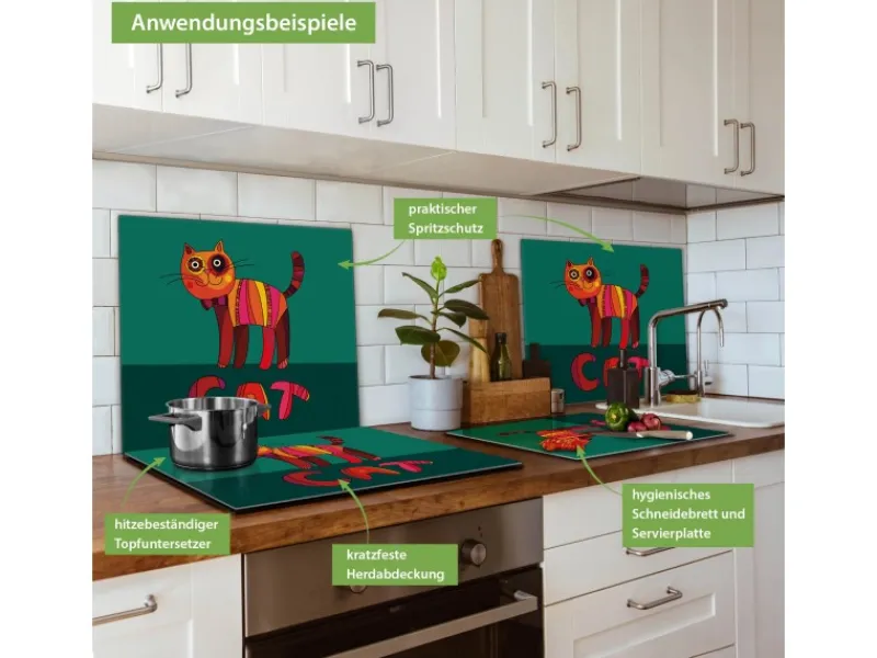 Hot Banjado Herdabdeckplatte Glas 1 Teilig 60x52CM Schneidebrett Herdabdeckung Mit Motiv Orange Katze