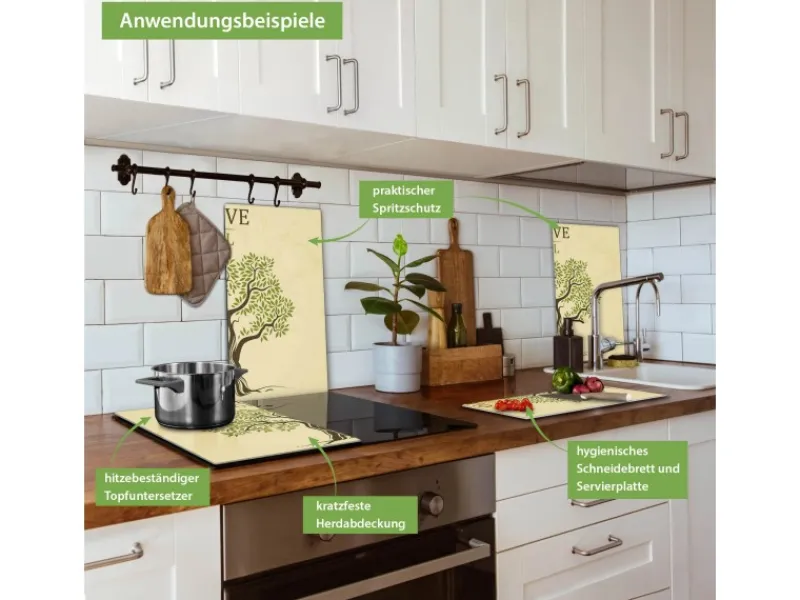 Banjado Herdabdeckplatte Glas 2 Teilig Je 30x52CM Schneidebrett Herdabdeckung Mit Motiv Olivenbaum< Herde|Herdabdeckungen