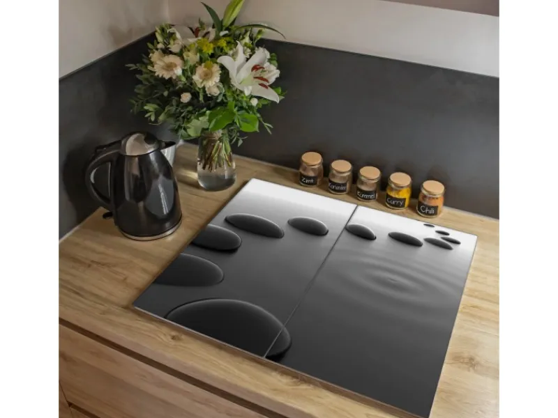 Best Banjado Herdabdeckplatte Glas 2 Teilig Je 30x52CM Schneidebrett Herdabdeckung Mit Motiv Schwarze Steine