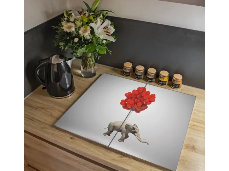 Banjado Herdabdeckplatte Glas 2 Teilig Je 30x52CM Schneidebrett Herdabdeckung Mit Motiv Fliegender Elefant< Herde|Kochfelder