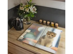 Hot Banjado Herdabdeckplatte Glas 2 Teilig Je 30x52CM Schneidebrett Herdabdeckung Mit Motiv Kleine Katze