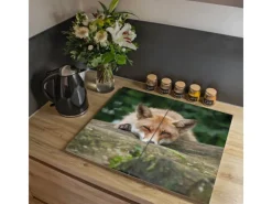 Banjado Herdabdeckplatte Glas 2 Teilig Je 30x52CM Schneidebrett Herdabdeckung Mit Motiv Fuchs Relax< Schneidebretter|Herdabdeckungen