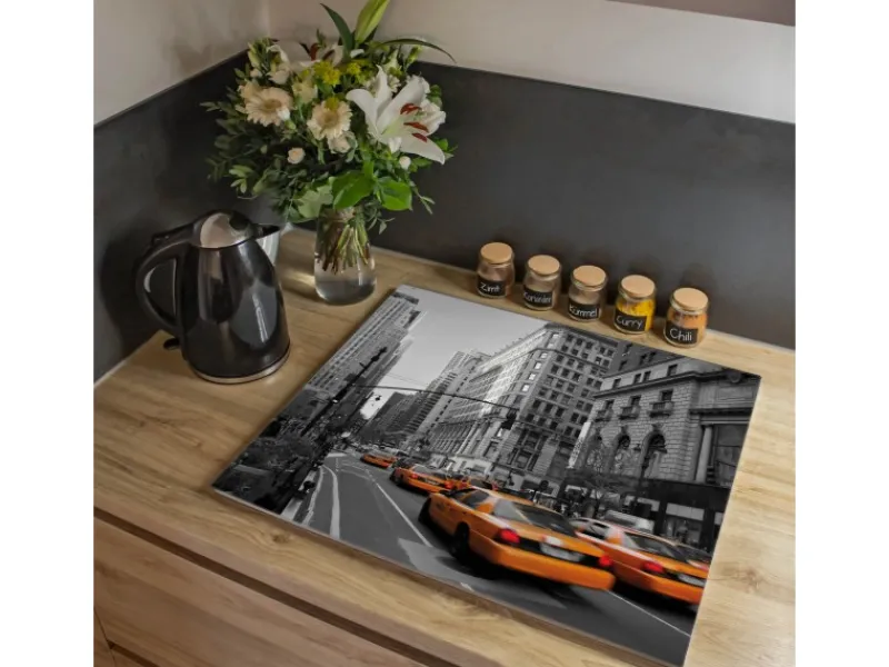 Banjado Schneidebretter|Herdabdeckungen<Herdabdeckplatte Glas 1 Teilig 60x52CM Schneidebrett Herdabdeckung Mit Motiv New York Taxi
