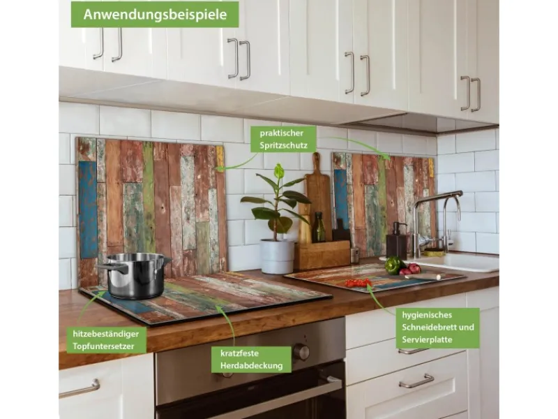 Outlet Banjado Herdabdeckplatte Glas 1 Teilig 60x52CM Schneidebrett Herdabdeckung Mit Motiv Buntes Holz