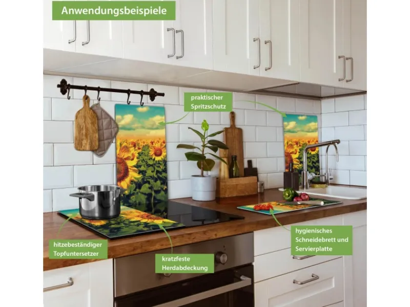 Sale Banjado Herdabdeckplatte Glas 2 Teilig Je 30x52CM Schneidebrett Herdabdeckung Mit Motiv Sonnenblumen