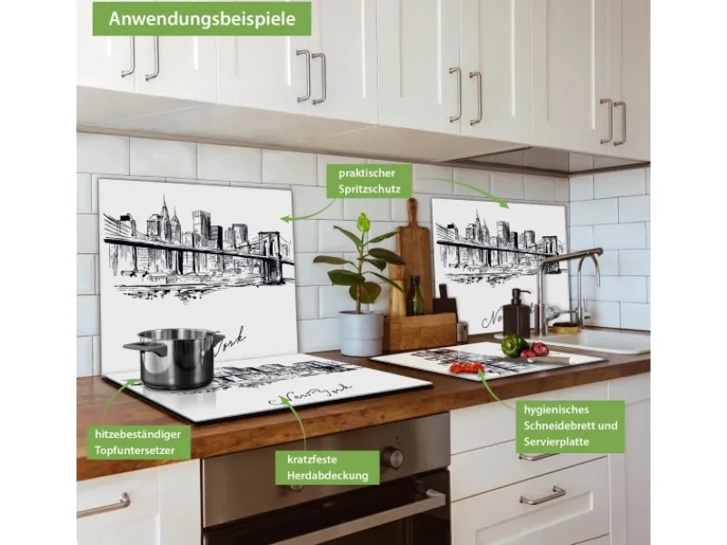 New Banjado Herdabdeckplatte Glas 1 Teilig 60x52CM Schneidebrett Herdabdeckung Mit Motiv New York Skizze