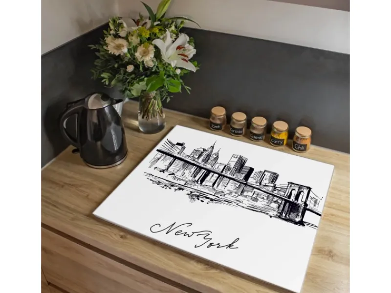 New Banjado Herdabdeckplatte Glas 1 Teilig 60x52CM Schneidebrett Herdabdeckung Mit Motiv New York Skizze