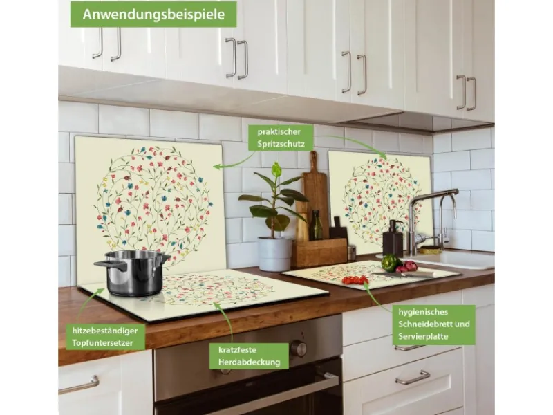 Clearance Banjado Herdabdeckplatte Glas 1 Teilig 60x52CM Schneidebrett Herdabdeckung Mit Motiv Blumenreigen
