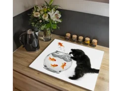 Banjado Herdabdeckplatte Glas 1 Teilig 60x52CM Schneidebrett Herdabdeckung Mit Motiv Katze Und Fisch< Herde|Kochfelder