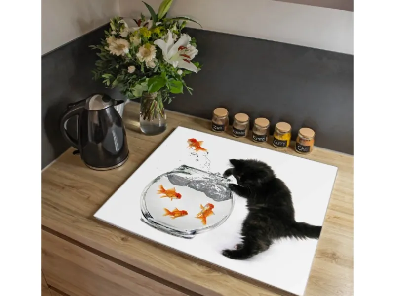 Banjado Herdabdeckplatte Glas 1 Teilig 60x52CM Schneidebrett Herdabdeckung Mit Motiv Katze Und Fisch< Herde|Kochfelder