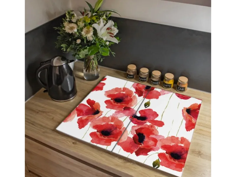 Banjado Herdabdeckplatte Glas 2 Teilig Je 30x52CM Schneidebrett Herdabdeckung Mit Motiv Mohn Aquarell< Herde|Schneidebretter