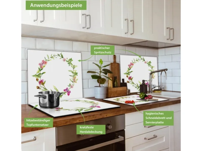 Banjado Herdabdeckplatte Glas 1 Teilig 60x52CM Schneidebrett Herdabdeckung Mit Motiv Aquarell Blumenring< Herdabdeckungen|Herde