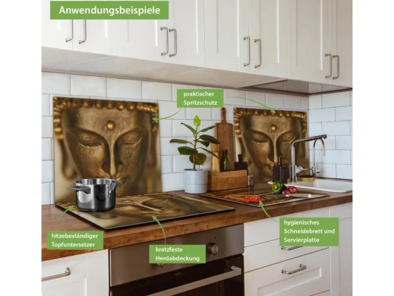 Best Banjado Herdabdeckplatte Glas 1 Teilig 60x52CM Schneidebrett Herdabdeckung Mit Motiv Buddha Gold
